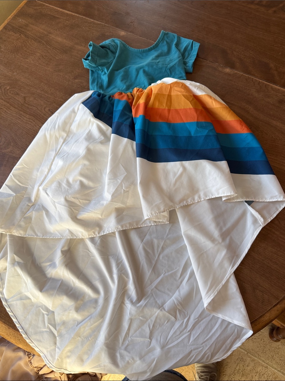 Girls Teal Dress with Rainbow Stripe High-Low Skirt